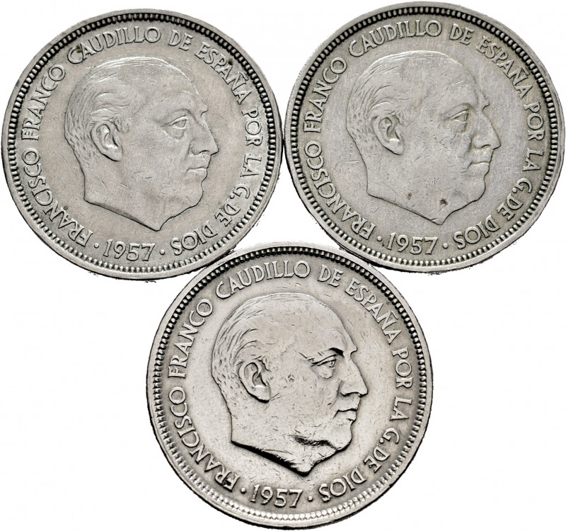 Lot of 3 coins of 50 Pesetas, 1957 BA (Barcelona). I Ibero-American Exhibition o...
