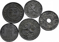 Lot of 5 coins from belgium. Variety of values and dates; some rare. Zinc. TO EXAMINE. Almost VF/Choice VF. Est...45,00. 

Spanish description: Lote...