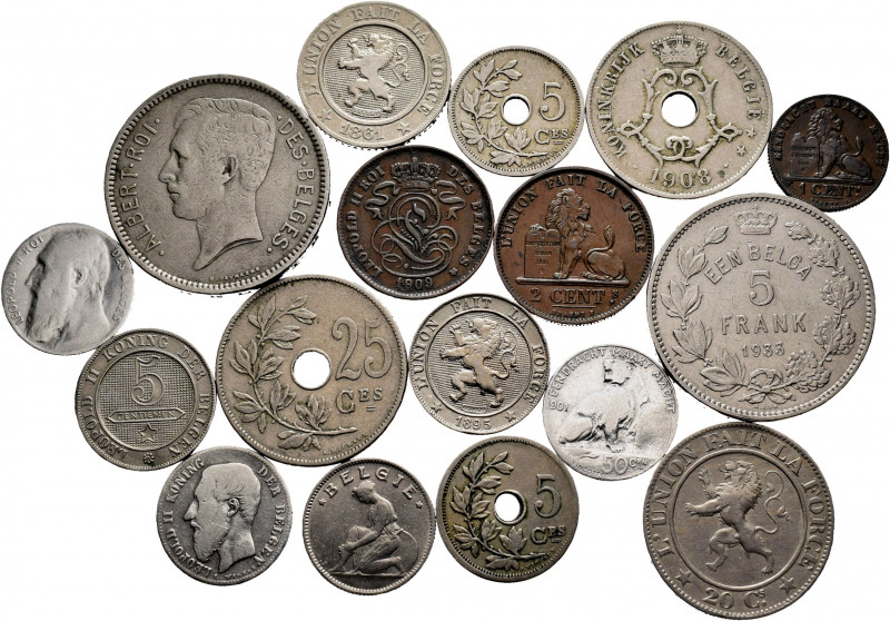 Lot of 17 coins from belgium. Variety of values and dates; some rare. Ae / Ag / ...