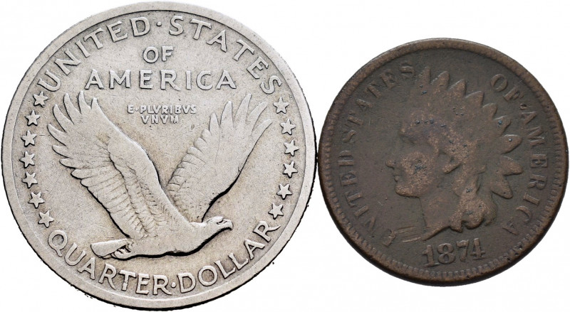 Lot of 2 coins from United States. 1 Cent 1874 (Km # 90a) and Quarter Dollar 191...