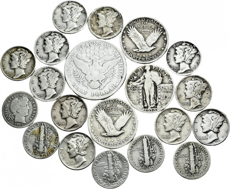 Lot of 20 pieces of US silver, 16 dimes, 3 1/4 dollar, 1 1/2 dollar. TO EXAMINE....
