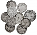 Lot of 10 silver pieces, 2 of 6 pence (1907, 1919) and 8 of 3 pence (1859, 1900, 1912 (2), 1916, 1917, 1918, 1919. TO EXAMINE. Choice F/VF. Est...70,0...