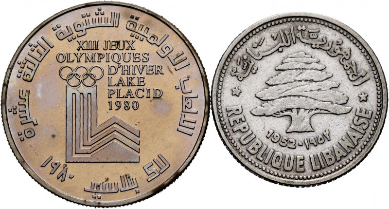 Lot of 2 coins from Lebanon. 50 Piastres 1952 and 1 Livre 1980. Cu / ni, Ag. TO ...