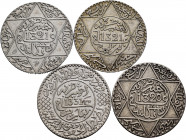 Lot of 4 coins from Maroc. 1/4 Rial 1320, 1321 and 1331 H. Ag. TO EXAMINE. VF/Choice VF. Est...50,00. 

Spanish description: Lote de 4 monedas de Ma...