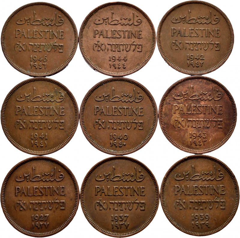Lot of 9 coins from Palestine. 1 Mil of 1927/37/39/40/41/42/43/44 and 46. Ae. TO...