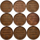 Lot of 9 coins from Palestine. 1 Mil of 1927/37/39/40/41/42/43/44 and 46. Ae. TO EXAMINE. VF/Choice VF. Est...50,00. 

Spanish description: Lote de ...