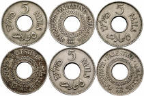Lot of 6 Palestine coins. 5 Mils of different dates, includes 1934 and 1941. Cu-Ni. TO EXAMINE. Almost VF/Choice VF. Est...65,00. 

Spanish descript...