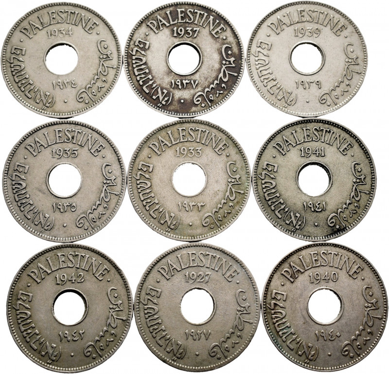 Lot of 9 coins from Palestina. 10 Mils 1937, 1933, 1934, 1935,1937, 1939, 1940, ...