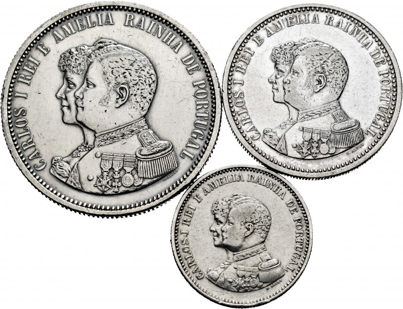 Portugal. Lot of 3 Portuguese silver pieces (1000, 500, 200 reis), 400th Anniver...