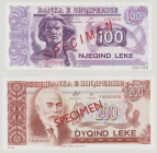 Albania
100 Leke, 1996, SPECIMEN No.000136, 000000, P55s, BNB B308a, UNC;
200 Leke, 1996, SPECIMEN, No. 432, FA000000 , P59s, BNB B309a, UNC
(2pcs)...