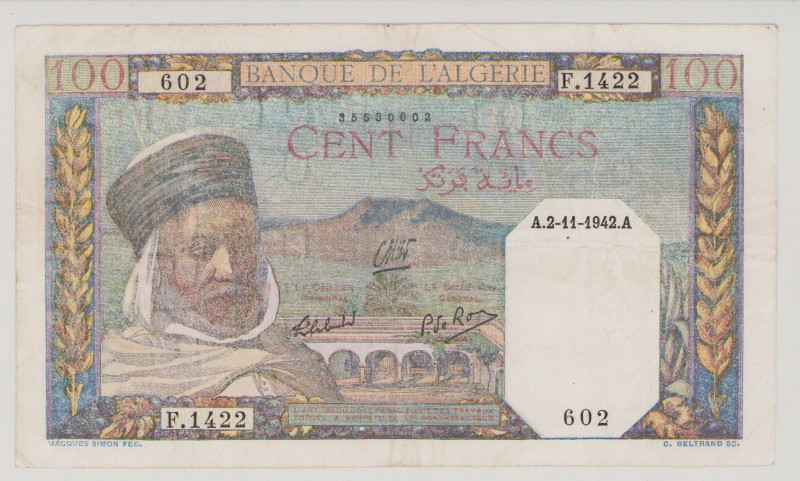 Algeria
100 Francs, 2.11.1942, F.1422 602, P88, BNB B131b, VF

Estimate: 30-6...