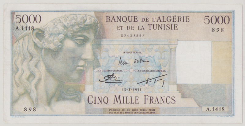 Algeria
5000 Francs, 13.5.1955, A.1418 898, slight discoloration, P109b BNB B20...