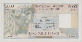 Algeria
5000 Francs, 13.5.1955, A.1418 898, slight discoloration, P109b BNB B203e, VF pressed

Estimate: 150-250
