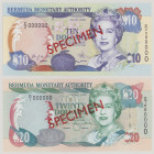 Bermuda
10 Dollars, 24.5.2000, SPECIMEN, C/2 000000, perf.3 holes ø 5mm, P52, BNB B224as, AU/UNC;
20 Dollars, 24.5.2000, SPECIMEN, D/1 000000, perf....