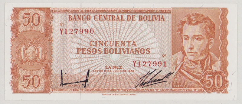 Bolivia 50 Pesos Bolivianos, 13.7.1962, ERROR, Mismatched ser.no. Y127990/Y12799...