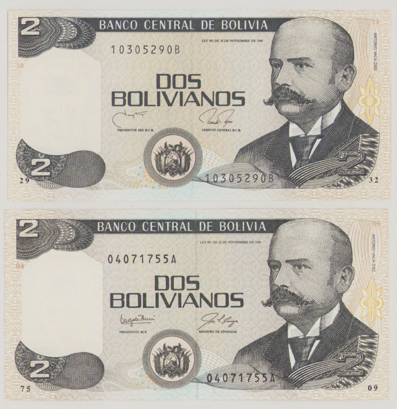 Bolivia
2 Bolivianos, 28.11.1986, 04071755A, P202a, BNB B388a, XF;
2 Boliviano...