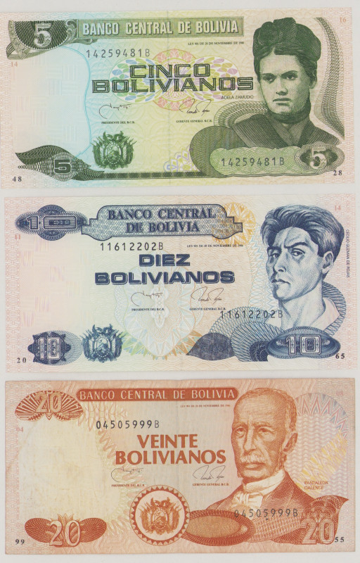 Bolivia
5 Bolivianos, 28.11.1986, 14259481B, P203b, BNB B389b, XF;
10 Bolivano...