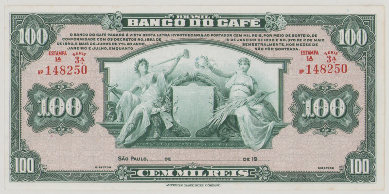 Brazil
Banco do Café, 100 Mil Reis, 19xx, SER.3A No.148250, Remainder, PS541, A...