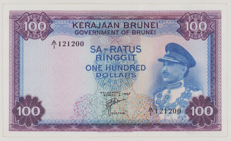 Brunei
100 Ringgit, 1967, A/1 121200, P5a, BNB B105a, VF/EF

Estimate: 150-20...