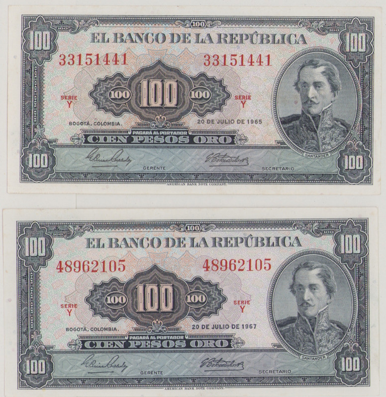 Colombia 100 Pesos Oro, 20.7.1965, 33151441, P403c, BNB B944d, AU;
100 Pesos Or...