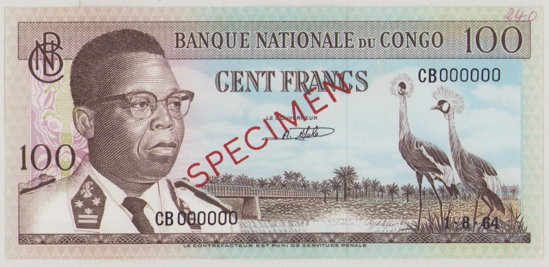 Congo, Dem. Republic 100 Francs, 1.8.1964, o/p SPECIMEN front and back, CB 00000...