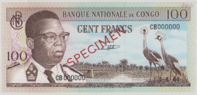 Congo, Dem. Republic 100 Francs, 1.8.1964, o/p SPECIMEN front and back, CB 000000, top right corner handwriting "240", P6s, BNB B203fs1, AU

Estimat...