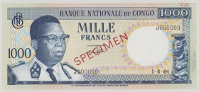 Congo, Dem. Republic 1000 Francs, 1.8.1964, o/p SPECIMEN front and back, J 000000, top right corner typewritten "272", P8s, BNB B205cs1, AU

Estimat...