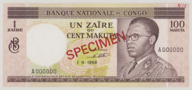 Congo, Dem. Republic 100 Makuta, 1.9.1968, o/p SPECIMEN front and back, A 000000, top right corner handwritten "413", P12s, BNB B209cs1, AU

Estimat...