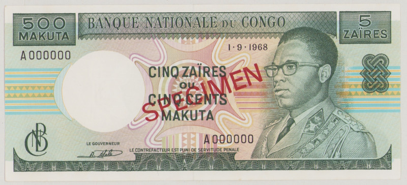 Congo, Dem. Republic 5 Zaires / 500 Makuta, 1.9.1968, o/p SPECIMEN front and bac...