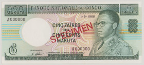Congo, Dem. Republic 5 Zaires / 500 Makuta, 1.9.1968, o/p SPECIMEN front and back, A 000000, P13s, BNB B210ds1, UNC

Estimate: 120-160