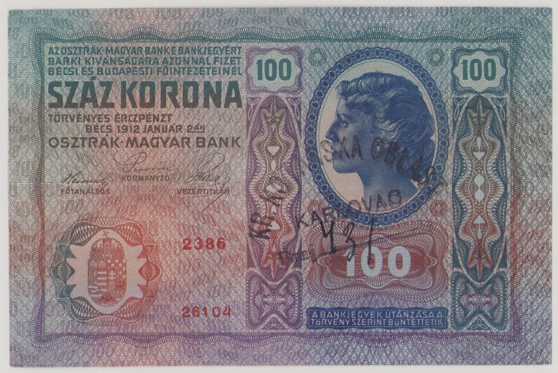 Croatia 100 Kor., stamp KR.KOTARSKA OBLAST KARLOVAC on Austrian P12, 2386 26204,...