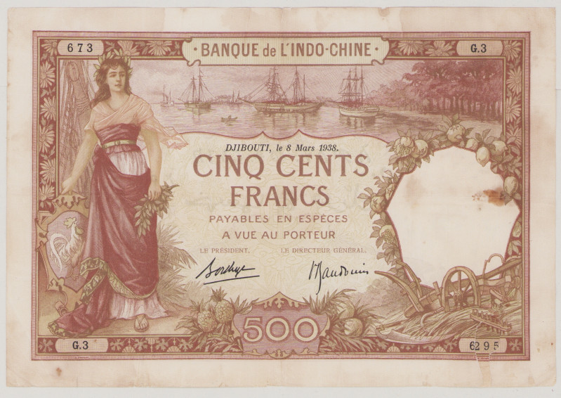 Djibouti/French Somaliland 500 Francs, 8.3.1938, tears, tapes, bottom right corn...