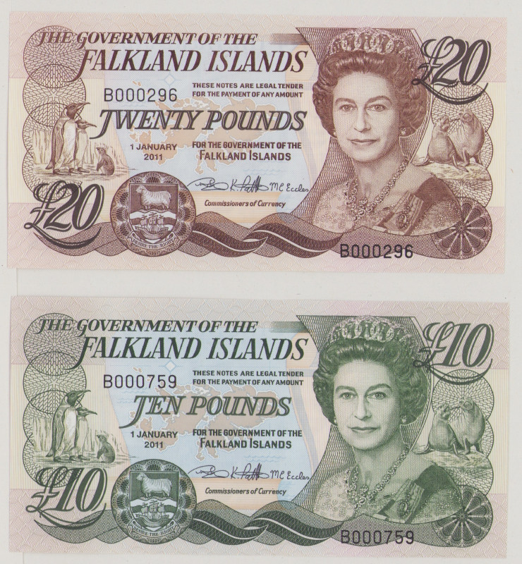 Falkland Islands 10 Pounds, 1.1.2011, B000759, P18, BNB B220b, UNC;
20 Pounds, ...