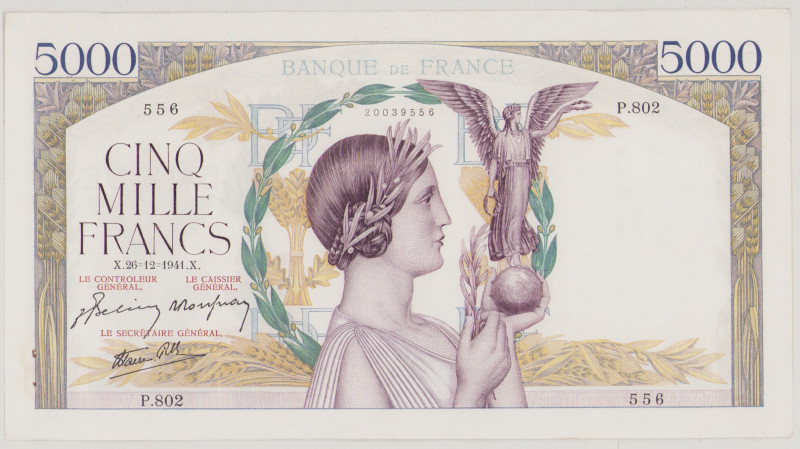 France 5000 Francs, 26.12.1941, 2 pinholes, P.802 556, P97c, VF/EF

Estimate: ...