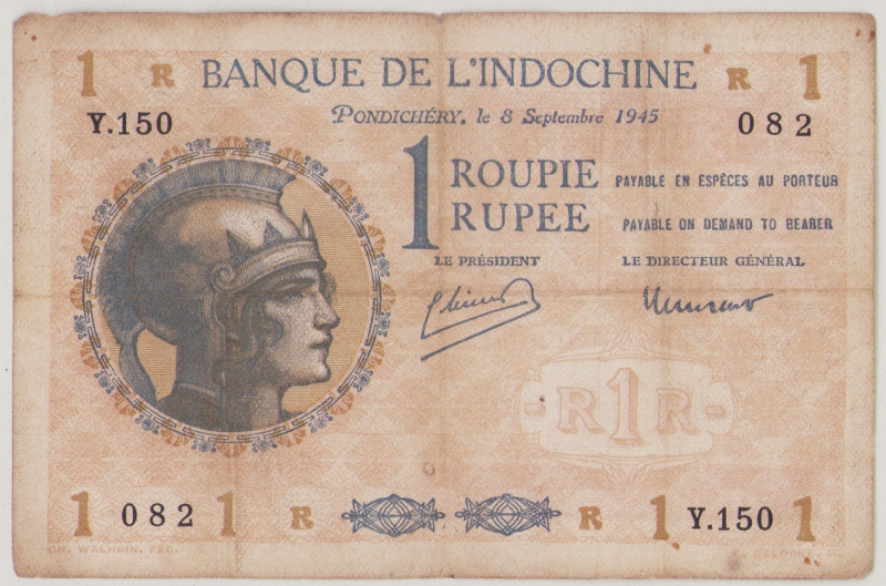 French India 1 Rupee, 8.9.1945, Y.150 082, P4d, BNB B107g, F/VF

Estimate: 800...