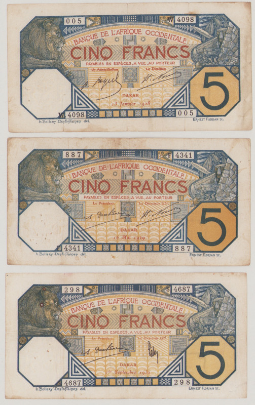 French West Africa 5 Francs, 13.1.1928, 005 4098, P5Be, BNB B101Dh2, VF;
5 Fran...