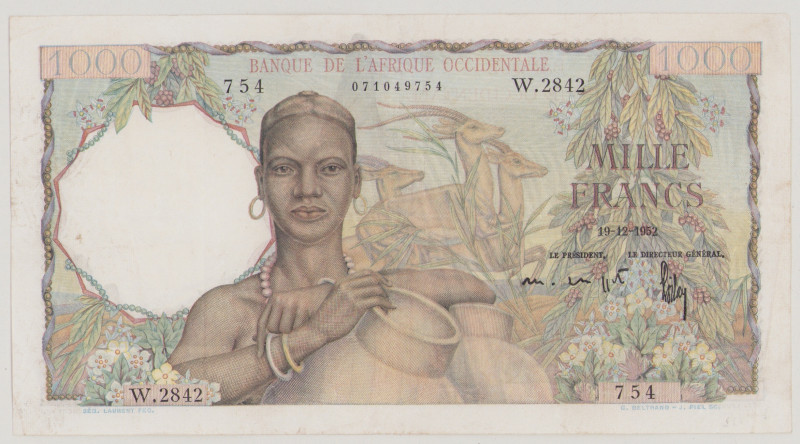 French West Africa 1000 Francs, 19.12.1952, W.2842 754. P42, BNB B126k, VF

Es...