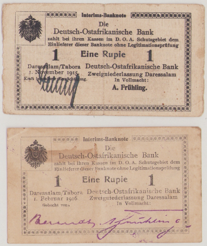 German East Africa 1 Rupie, 1.11.1915, H 69392, P12c, VF;
1 Rupie, 1.2.1916, X ...