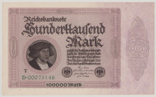 Germany 100000 Mark, 1.2.1923, D 00075146, with letter "T", P83, BNB B242b, Rosenberg 82b, VF/EF

Estimate: 30-60