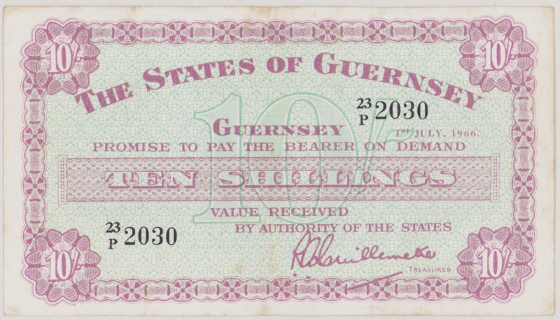 Guernsey 10 Shillings, 1.7.1966, 23P 2030; P42c, BNB B147q, VF

Estimate: 25-4...