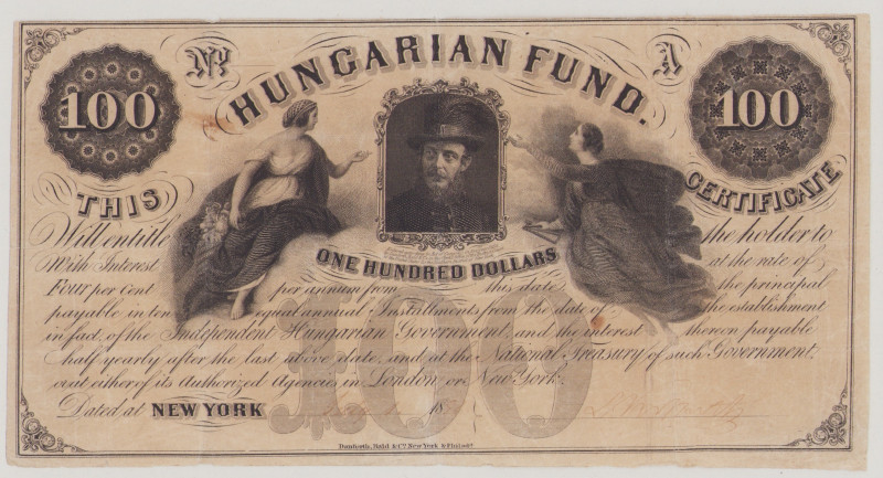Hungary 100 dollars, 1.7.1852 No.A, handsigned by Lájos Kossuth, P S140, VF pres...