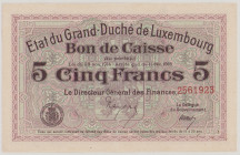Luxembourg 5 Francs, 11.12.1918, black seal, 2561923, P 29c, BNB B309b, EF

Estimate: 150-200