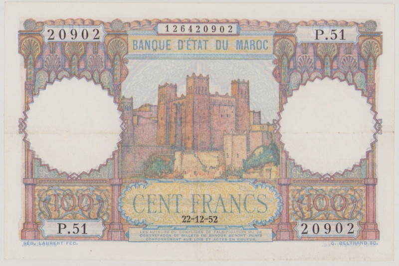 Morocco 100 Francs, 22.12.1952, P.51 20902, P45, BNB B228a, VF

Estimate: 30-6...