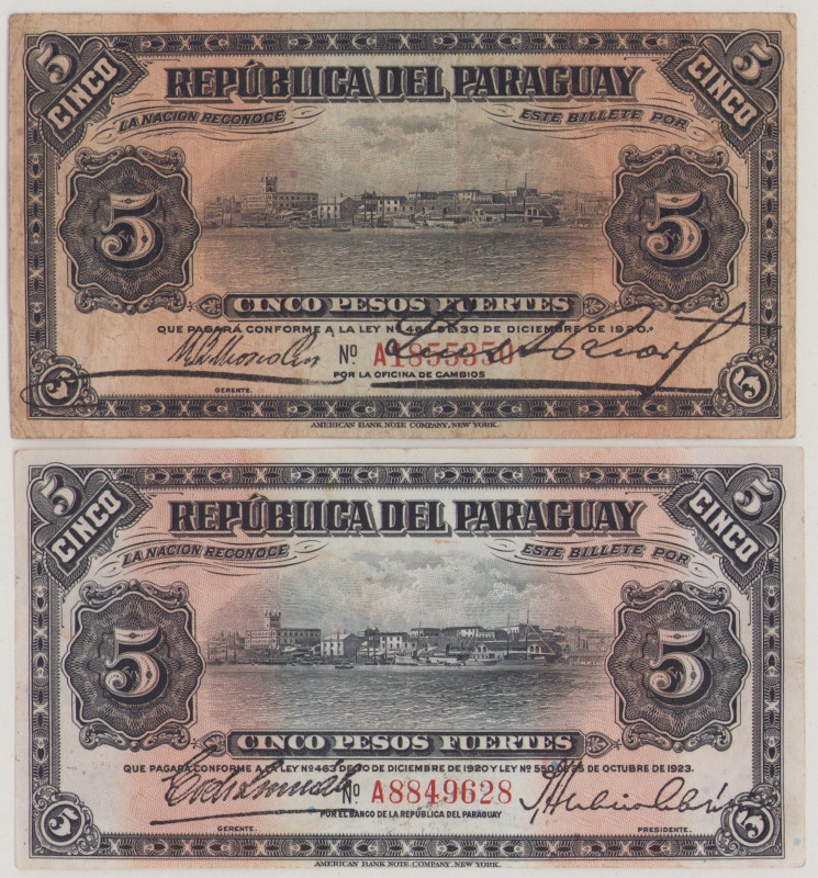 Paraguay 5 Pesos, 30.12.1920, A1855350, P143a, F;
5 Pesos, 30.12.1920 & 25.10.1...