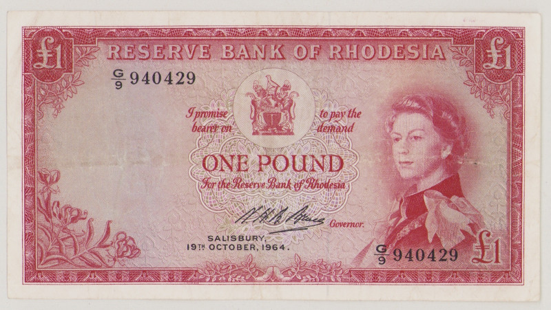 Rhodesia 1 Pound, 19.10.1964, G/9 940429, P25a, BNB B102i, VF

Estimate: 120-2...