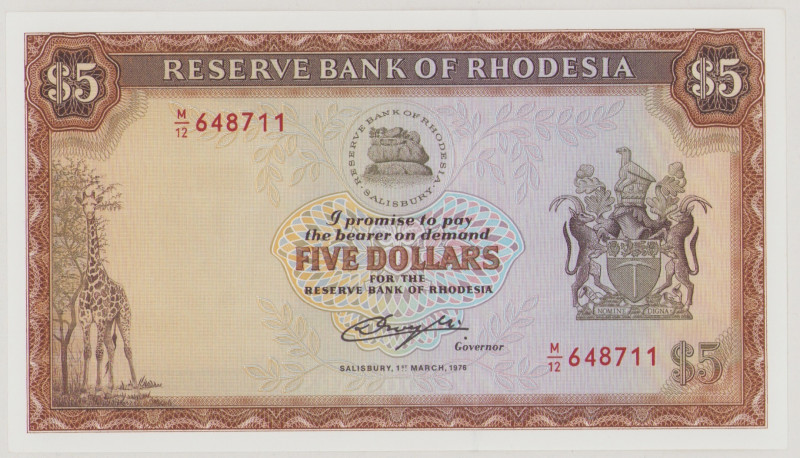 Rhodesia 5 Dollars, 11.3.1976, M/12 648711, P36a, BNB B109b, VF

Estimate: 50-...