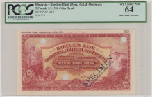 Rhodesia 5 Pounds, 1.9.1926, colour trial in red, SPECIMEN, WATERLOW & SONS LTD.front and back no.501, punched w.3 holes, P S113cts, UNC PCGS 64

Es...