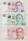 Singapore 2 Dollars, ND, 1DB 014488; P45A, BNB B202a, UNC;
5 Dollars, ND, 1AS 145012, P47A, BNB B203a, UNC;
10 Dollars ND, 8AA 635238, P47A, BNB B20...