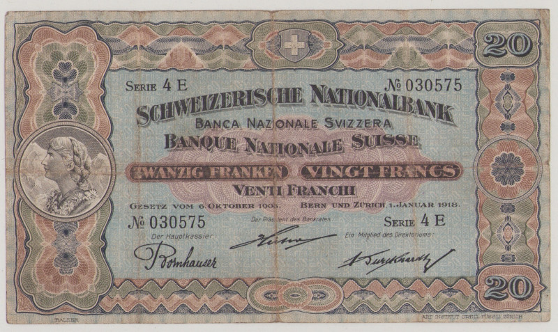 Switzerland 20 Francs, 1.1.1918, 4E 030575, P12d, BNB B307d, F holes in centre
...