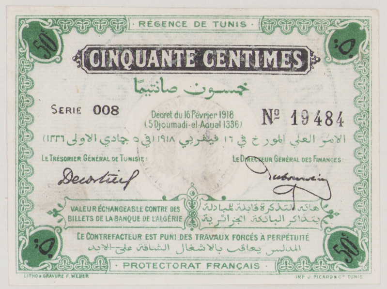 Tunisia 50 Centimes, 16.2.1918, Ser.008 No.19484, P23c, BNB B402a, EF/AU

Esti...